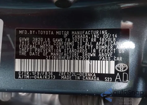 2015 Toyota Corolla Le Plus from USA, damaged, VIN 2T1BURHE8FC267922